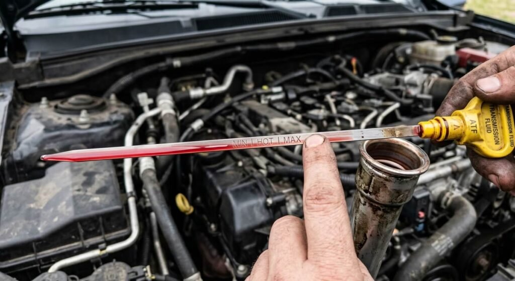 Une jauge de niveau d'huile de transmission automatique indiquant un niveau largement supérieur au repère maximum.