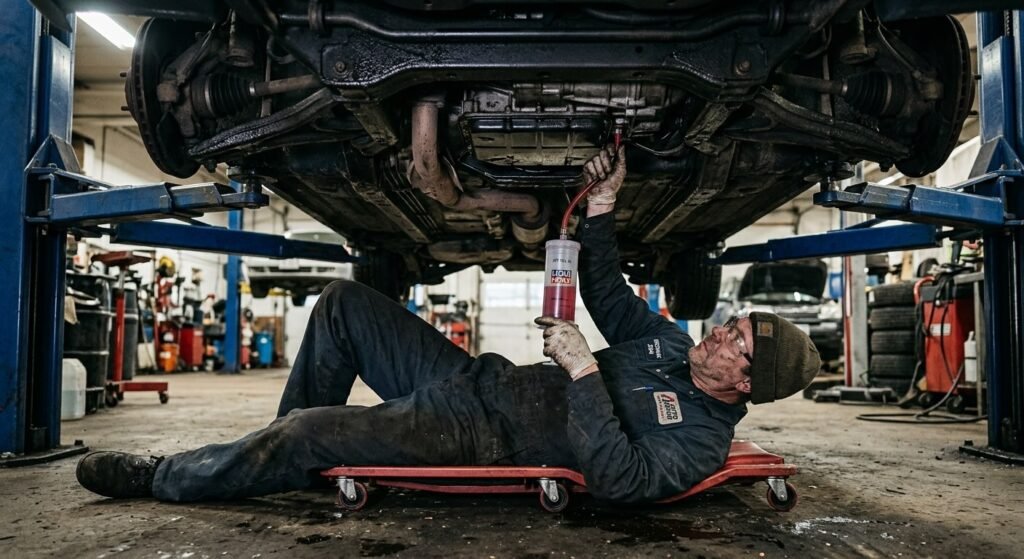 Un mécanicien ajustant le niveau de fluide de transmission à l'aide d'une seringue de remplissage sous une voiture.