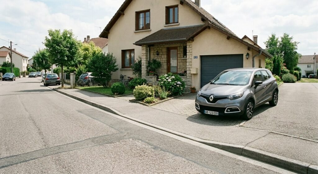 Une voiture citadine stationnée le long du trottoir, bloquant partiellement l'accès d'une sortie de garage.
