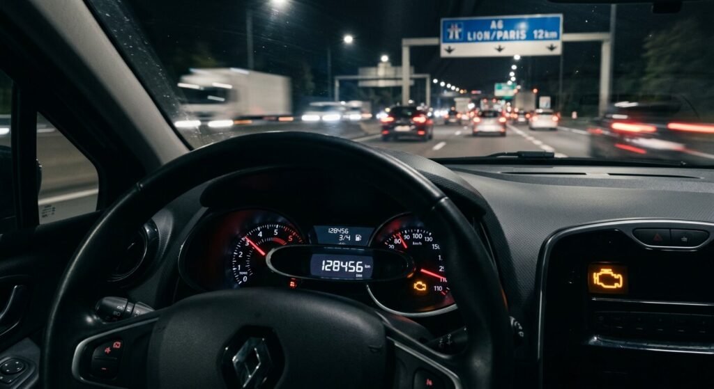 Rouler sans bouchon d'essence : quels sont les risques réels ? 3 Le voyant moteur orange allumé sur le cadran d'une voiture en circulation.