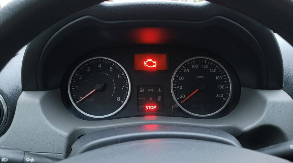 Le tableau de bord d'un Dacia Duster affichant le voyant moteur rouge accompagné du mot STOP en surbrillance.