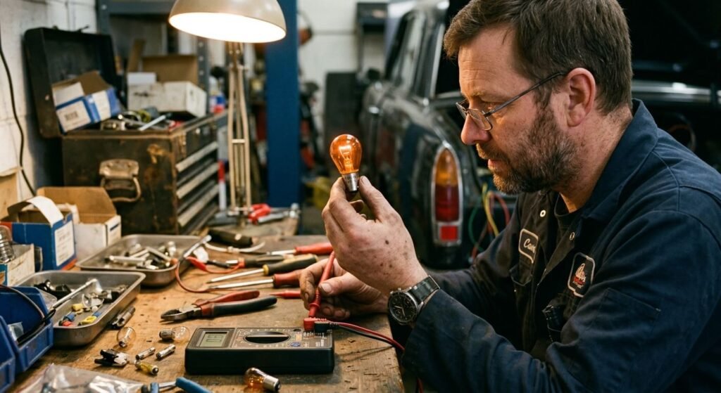 Clignotant rapide sauf warning : origines de la panne et réparations 2 Une personne vérifiant le filament d'une ampoule de clignotant orange d'automobile.