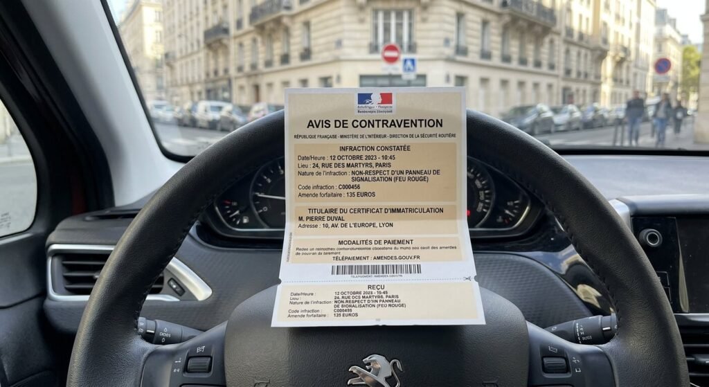 Un avis de contravention pour non-respect d'un panneau de signalisation posé sur le volant d'une voiture.