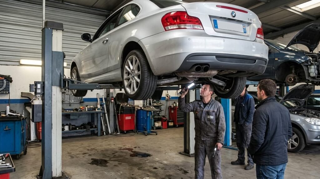 Une BMW Série 1 coupé d'occasion inspectée par un garagiste sur un pont élévateur.
