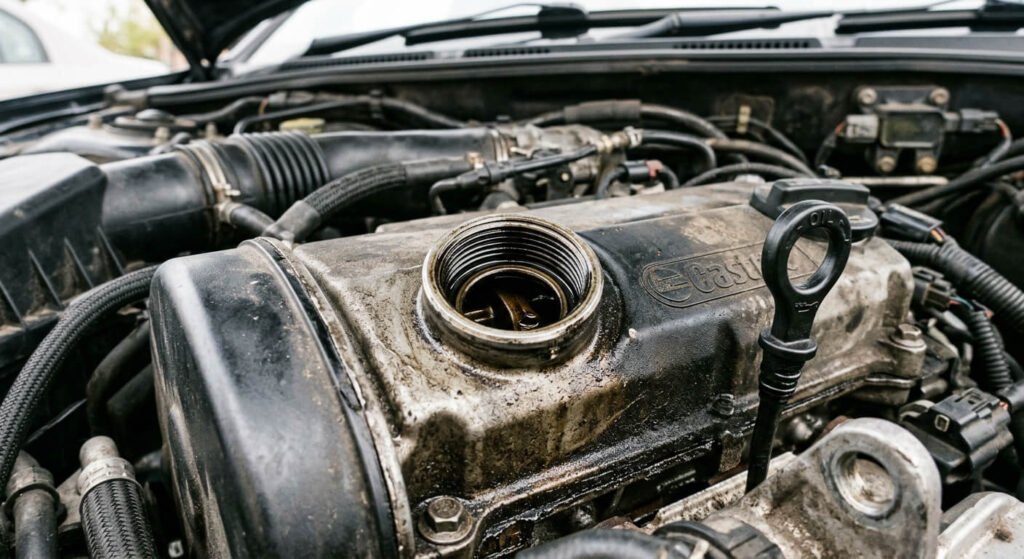 L'orifice de remplissage d'huile sans son bouchon sur un moteur d'automobile.
