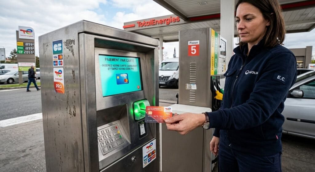 Stations Total en Espagne : réseau disponible, cartes et alternatives sur route 3 Une carte carburant professionnelle utilisée devant un automate de paiement.