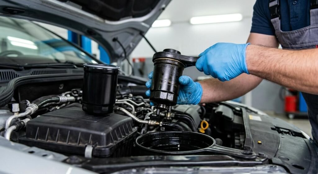 Problème d’arrivée de gasoil sur 1.6 HDi : causes, pannes et solutions 3 Un mécanicien remplaçant le bloc filtre à gasoil noir sur une voiture diesel.