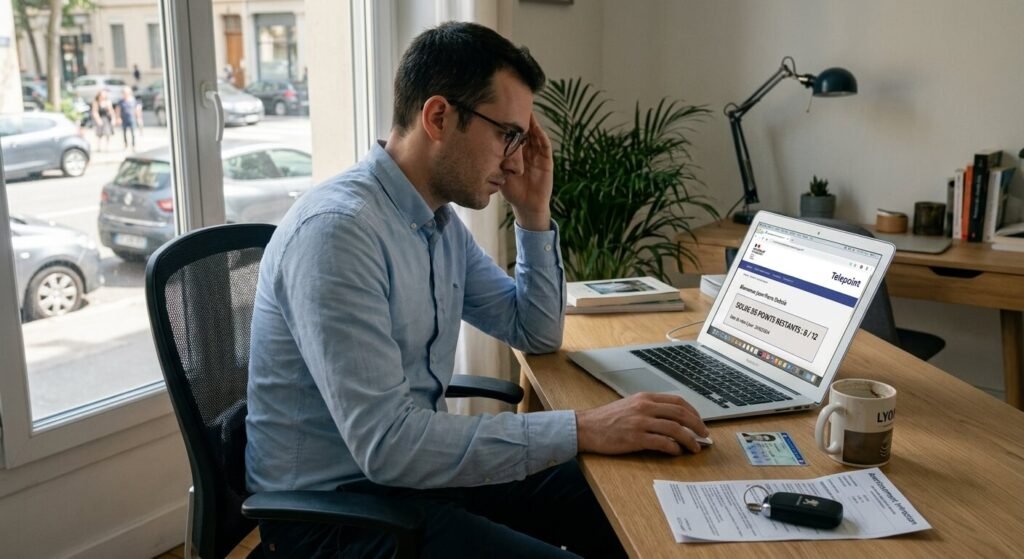 Permis de conduire annulé mais toujours valide en préfecture : que dit la loi ? 3 Un automobiliste vérifiant son solde de points sur le site officiel Telepoint sur un ordinateur.