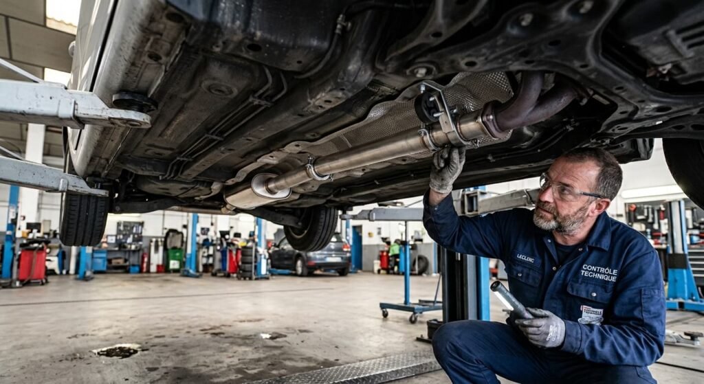 Supprimer le silencieux intermédiaire : effets, légalité et montage 3 Un contrôleur technique inspectant les fixations de la ligne d'échappement sous un véhicule.