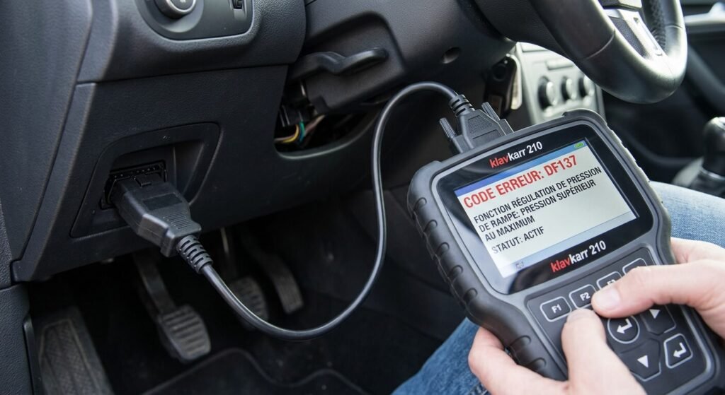 Une valise de diagnostic branchée sur la prise OBD d'une voiture affichant le code erreur DF137.