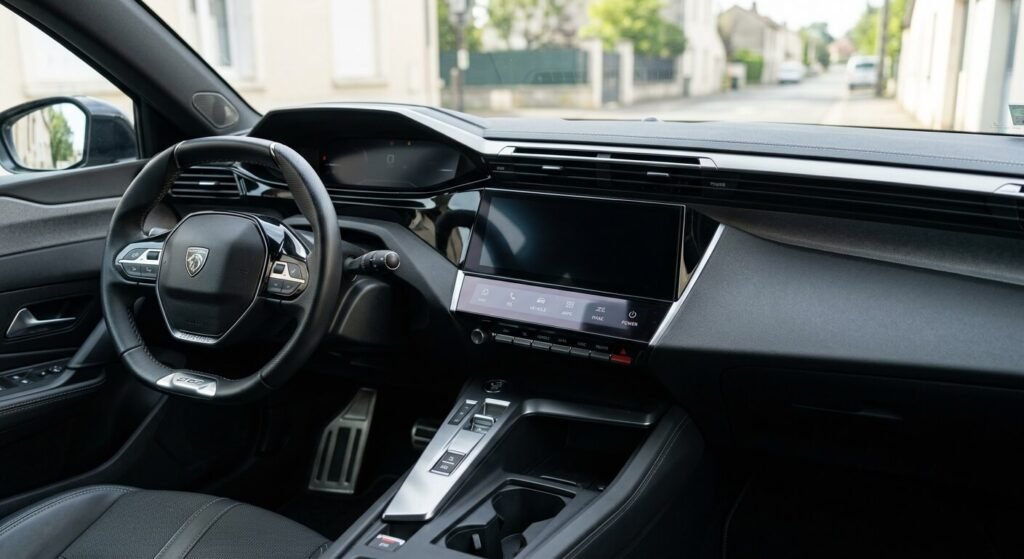 Écran noir sur Peugeot 308 : la solution la plus simple 2 La console centrale d'une Peugeot 308 avec l'écran d'affichage numérique totalement éteint.