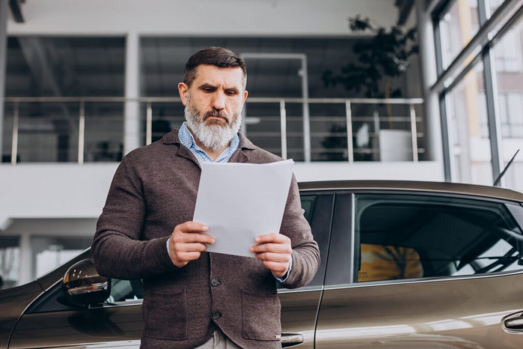 Une personne examinant attentivement les lignes de prix d'une facture de réparation automobile.