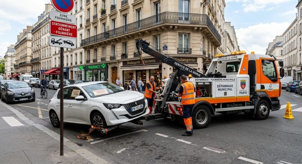 Une dépanneuse municipale soulevant une voiture citadine blanche pour l'emmener à la fourrière de la commune.