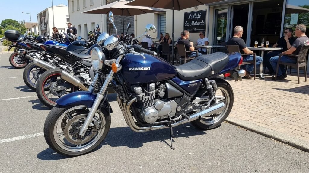 Une moto Kawasaki Zephyr 550 d'origine stationnée au soleil.