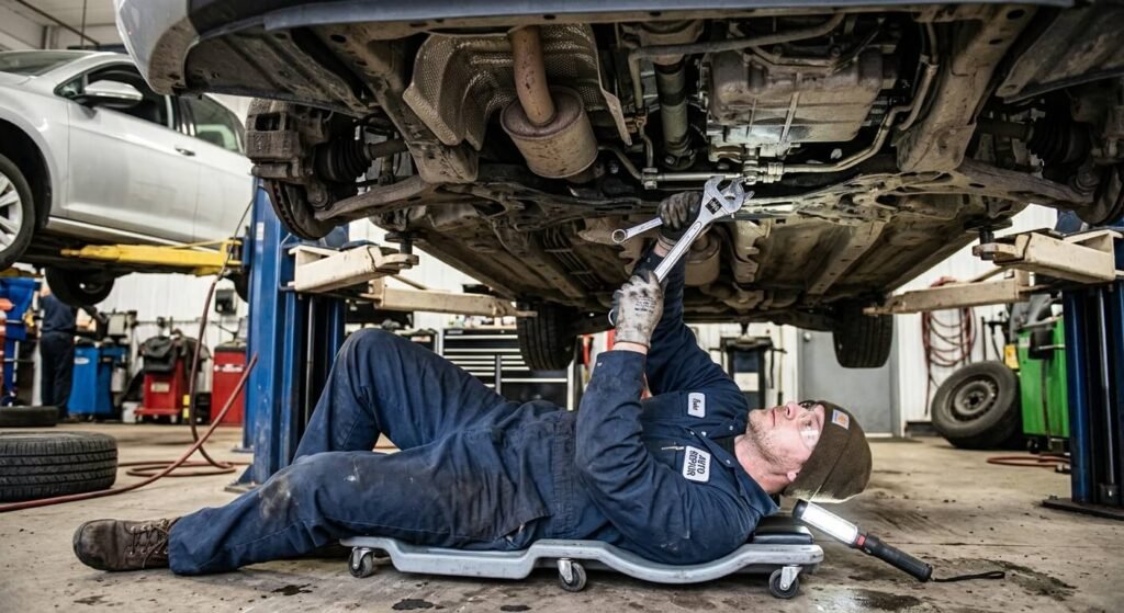 Un mécanicien utilisant des outils professionnels pour ajuster les tringleries sous une voiture.