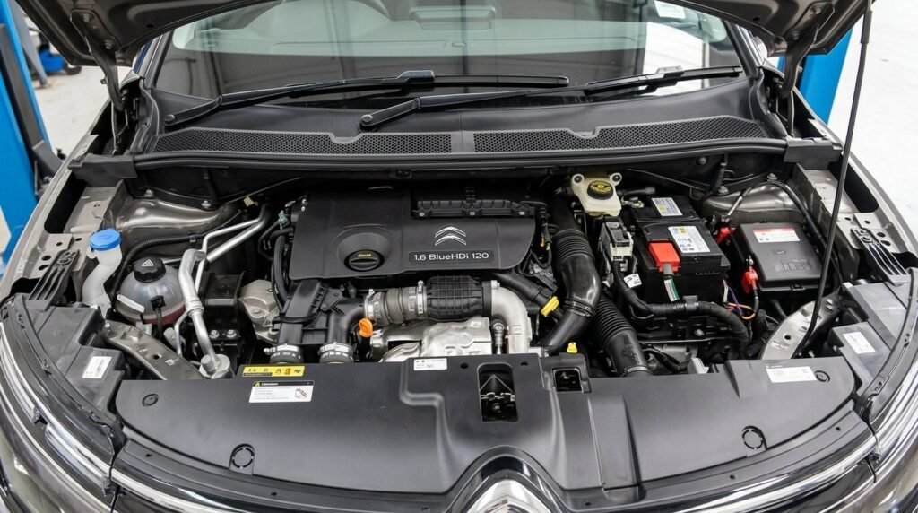 C4 Picasso BlueHDi 120 : fiabilité, pannes et avis d'achat 4 Vue du moteur 1.6 BlueHDi 120 sous le capot d'un véhicule Citroën.