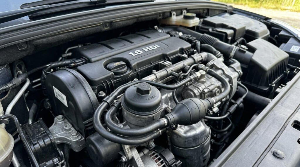 Problème d’arrivée de gasoil sur 1.6 HDi : causes, pannes et solutions 2 Le compartiment moteur d'un véhicule équipé du bloc 1.6 HDi, montrant les durites de carburant et la poire d'amorçage.