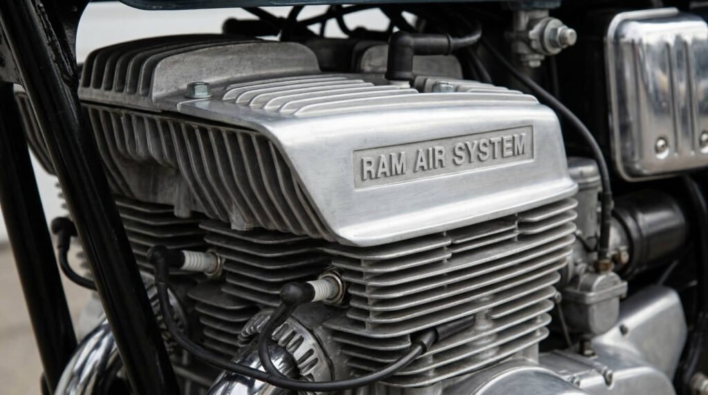 Suzuki GT 550 : fiche technique, avis et guide de la classique 2-temps 4 Gros plan sur la culasse en aluminium Ram Air System du moteur 3 cylindres 2-temps.