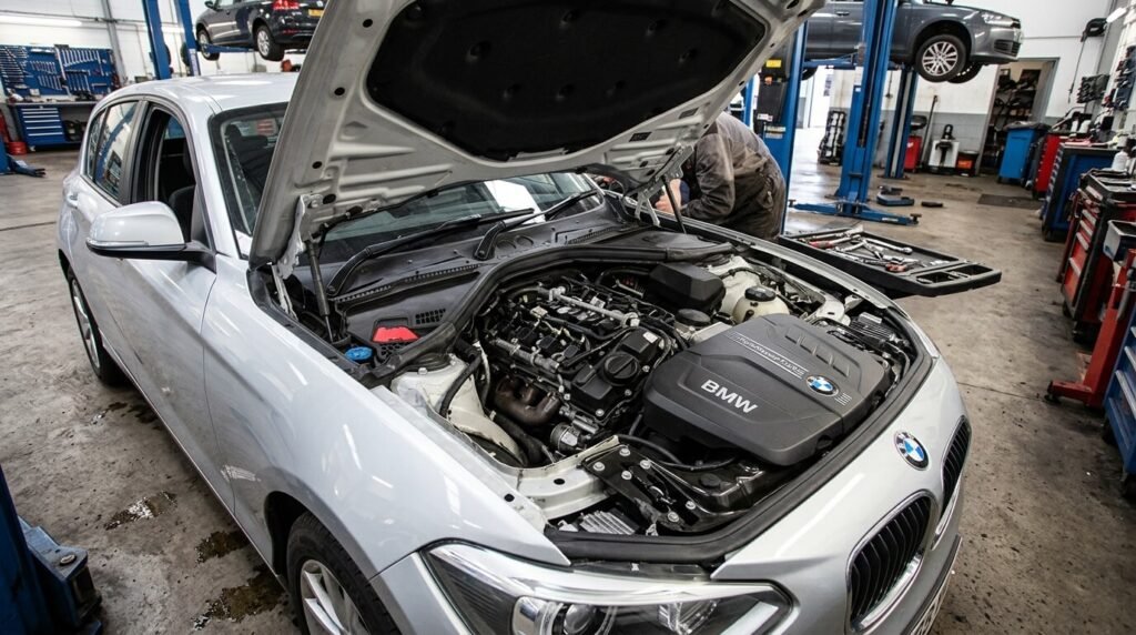 Le bloc moteur diesel d'une BMW Série 1 sous le capot ouvert dans un atelier mécanique.