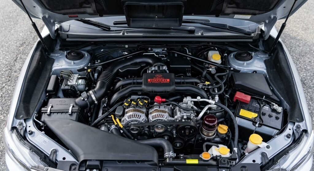 Subaru BRZ ou Toyota GT86 : comparatif, différences et fiabilité 4 Vue du moteur 4 cylindres à plat Boxer 2.0 litres atmosphérique sous le capot.