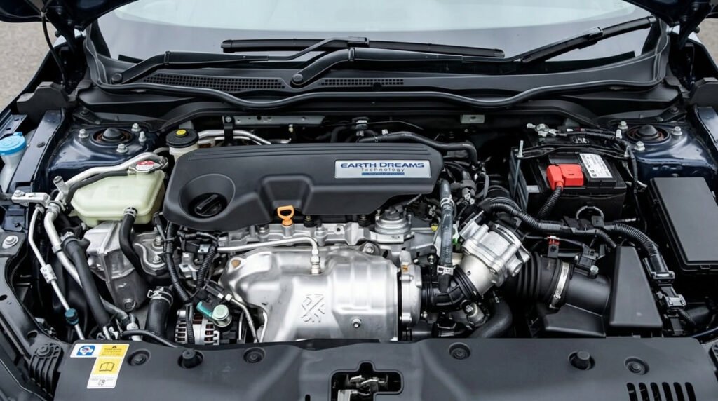 Honda Civic 1.6 i-DTEC : quels sont les vrais problèmes à connaître ? 4 Vue détaillée du moteur 4 cylindres 1.6 i-DTEC sous le capot moteur.