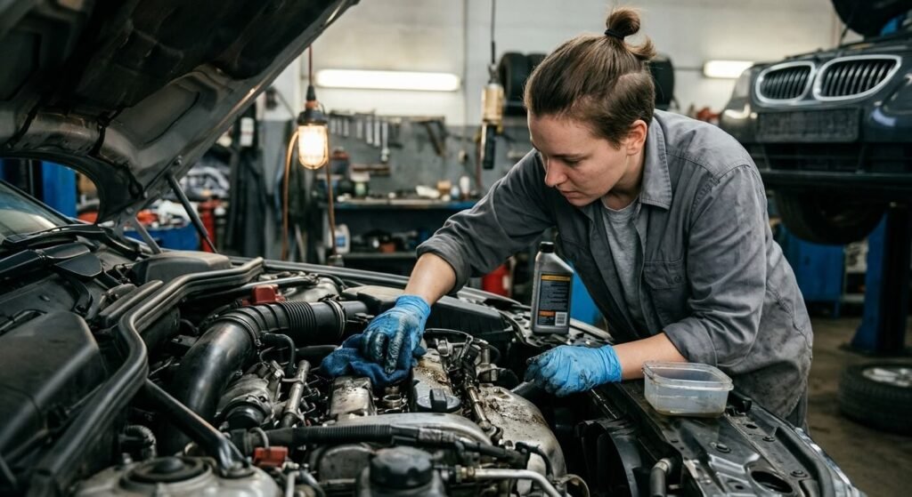 Une personne nettoyant les projections d'huile dans le compartiment moteur d'une voiture.