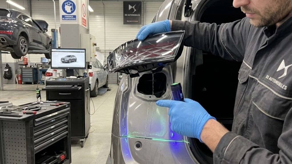 Problème d'étanchéité des feux arrière sur DS7 : solutions et prise en charge 4 Dépose d'un bloc d'optique arrière au garage pour vérifier l'étanchéité de la carrosserie.