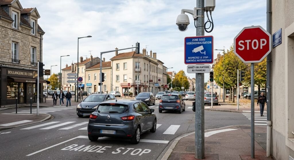 Un panneau Stop implanté à une intersection surveillée par une caméra de vidéoverbalisation.