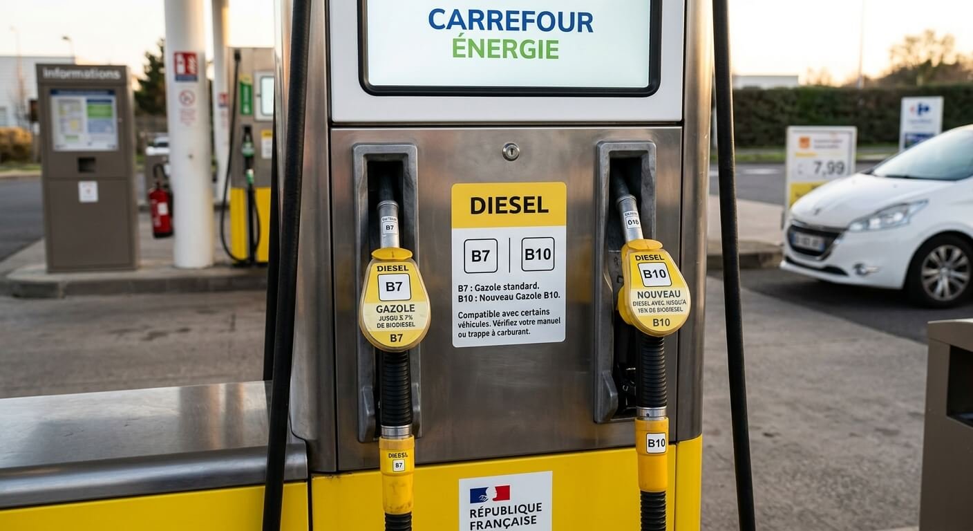 Pistolet de distribution de carburant diesel B7 et B10 dans une station-service.