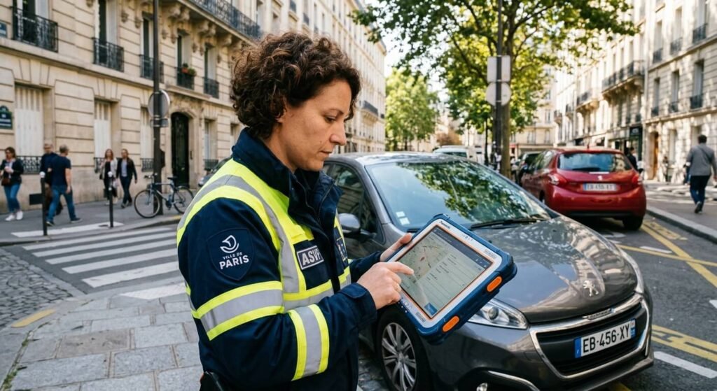 Un agent de surveillance de la voirie enregistrant une infraction de stationnement sur un terminal numérique.