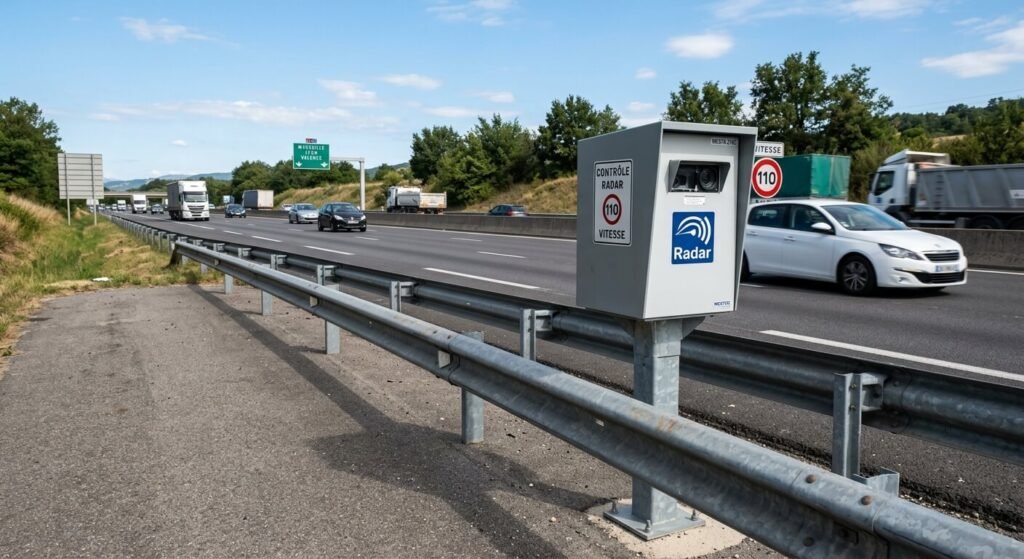 Un boîtier de contrôle de vitesse routier installé derrière une barrière de sécurité sur l'autoroute.