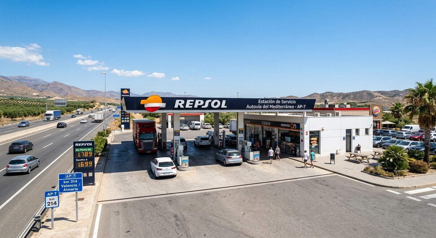 Une station-service sur une autoroute espagnole sous le soleil.