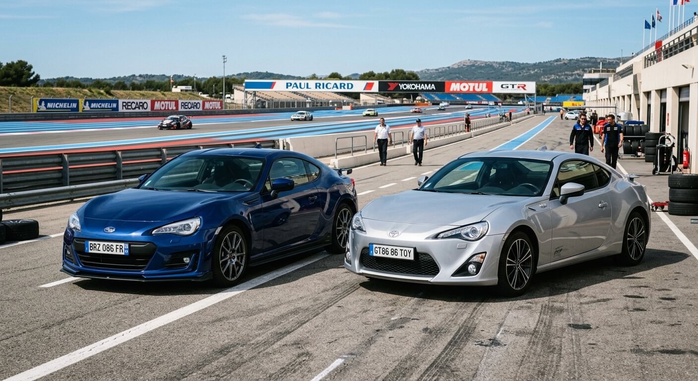 Deux coupés sportifs Subaru BRZ et Toyota GT86 garés côte à côte sur circuit.