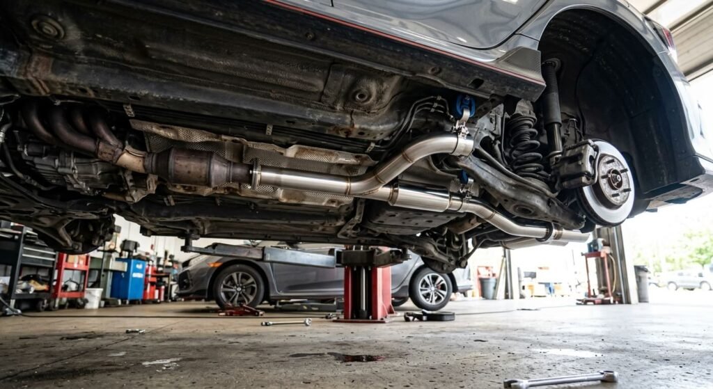 Supprimer le silencieux intermédiaire : effets, légalité et montage 2 La ligne d'échappement en métal sous une voiture avec un tube de remplacement en inox.