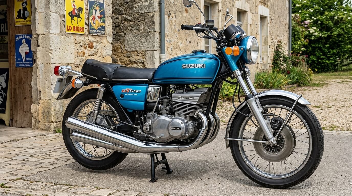 Une moto ancienne Suzuki GT 550 d'origine couleur bleu métallisé.