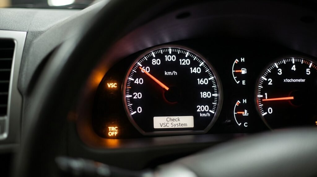 Le tableau de bord d'une Toyota affichant le voyant orange "VSC" allumé à côté de l'indicateur de vitesse.
