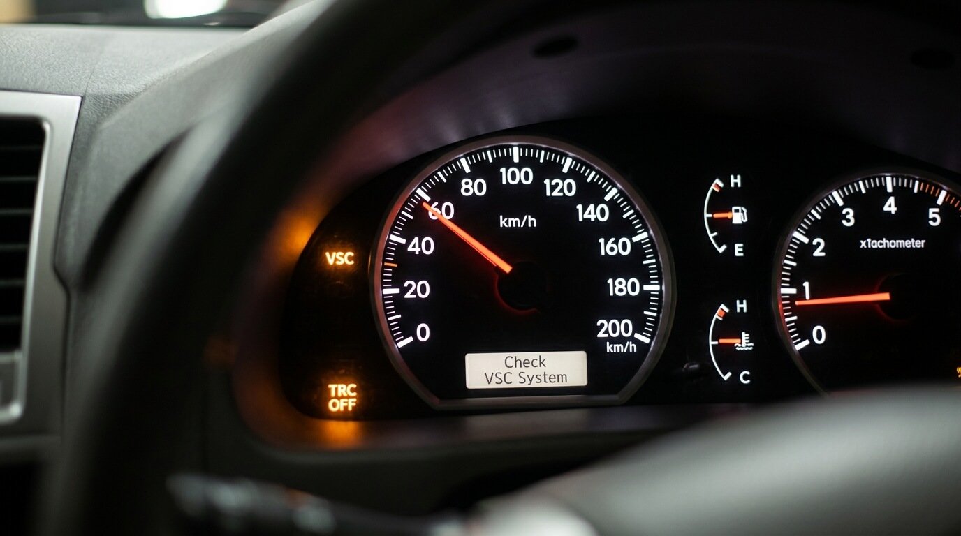 Le tableau de bord d'une Toyota affichant le voyant orange "VSC" allumé à côté de l'indicateur de vitesse.