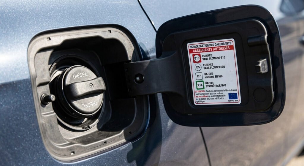 J'ai mis du diesel B10 au lieu du B7 : faut-il s'inquiéter ? 3 Étiquette d'homologation des carburants autorisés à l'intérieur d'une trappe à carburant.