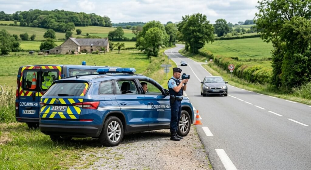 Un véhicule des forces de l'ordre stationné sur le bas-côté pour effectuer un contrôle de vitesse.