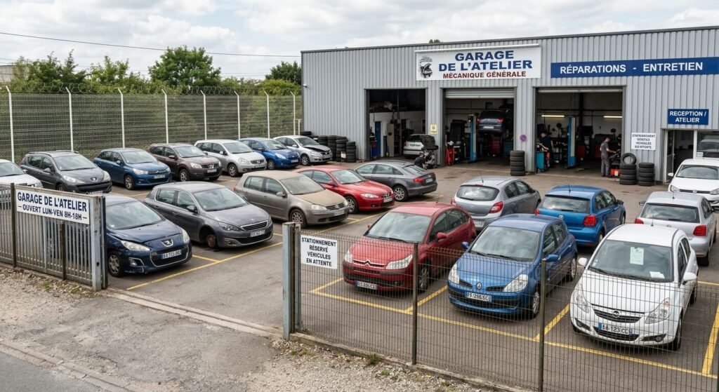 Plusieurs voitures en attente de réparation garées sur le parking clos d'un atelier automobile.