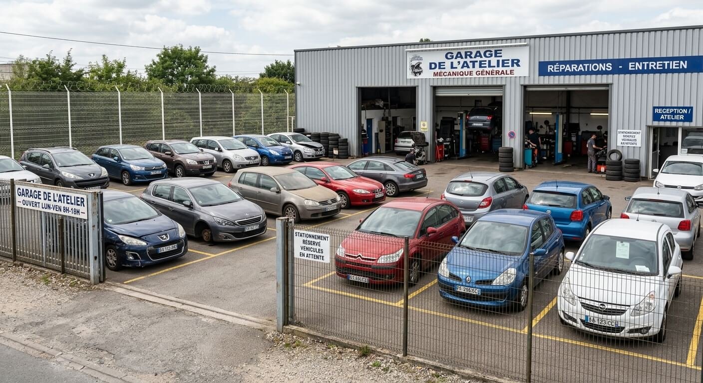 Plusieurs voitures en attente de réparation garées sur le parking clos d'un atelier automobile.