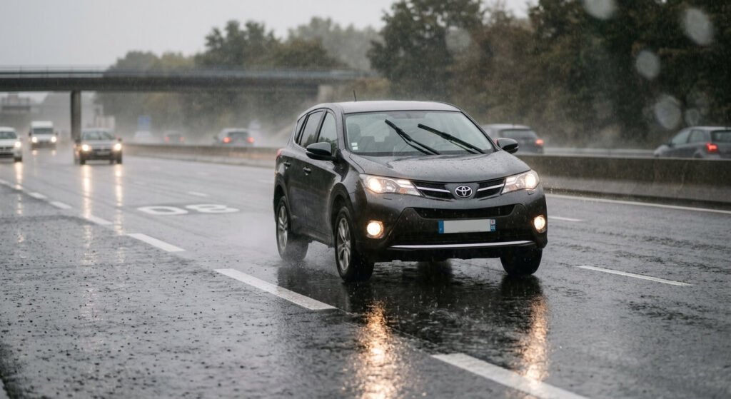 Une voiture Toyota roulant en toute sécurité sur une chaussée humide sous la pluie.