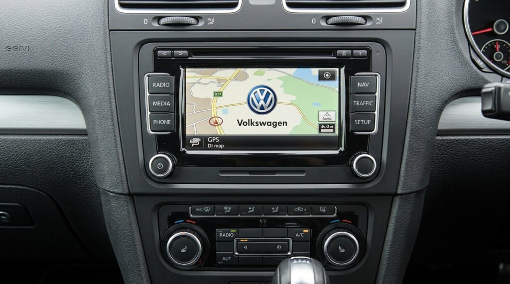 Façade d'origine de l'autoradio GPS tactile RNS 315 intégré dans une console centrale Volkswagen.