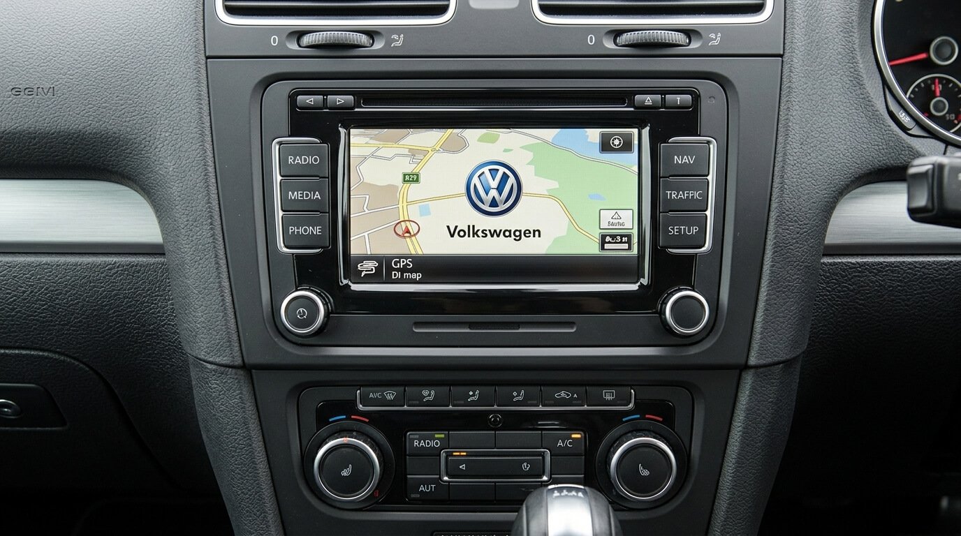Façade d'origine de l'autoradio GPS tactile RNS 315 intégré dans une console centrale Volkswagen.