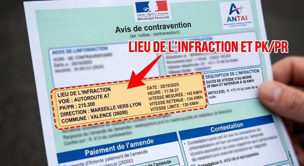 Adresse du lieu d'infraction fausse ou imprécise : contester un PV 2 Avis de contravention avec mise en évidence de la ligne indiquant le lieu de l'infraction et le PK/PR.