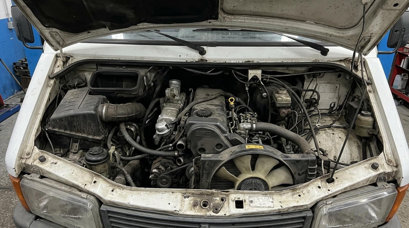 Vue d'un moteur SOFIM 2.5 diesel installé sous le capot d'un utilitaire.