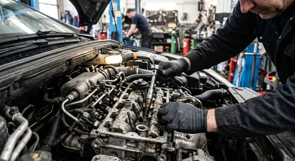 Remplacement d'une bougie de préchauffage encrassée sur la culasse d'un moteur diesel HDi.