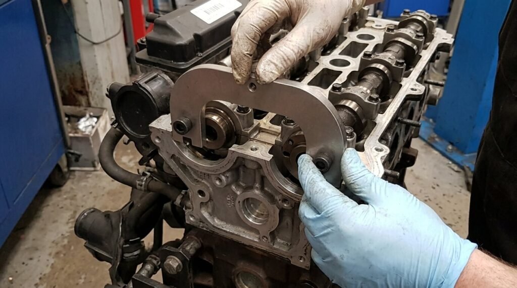 Pose de la plaque de calage des arbres à cames à l'arrière du moteur 1.6 16V Renault K4M.