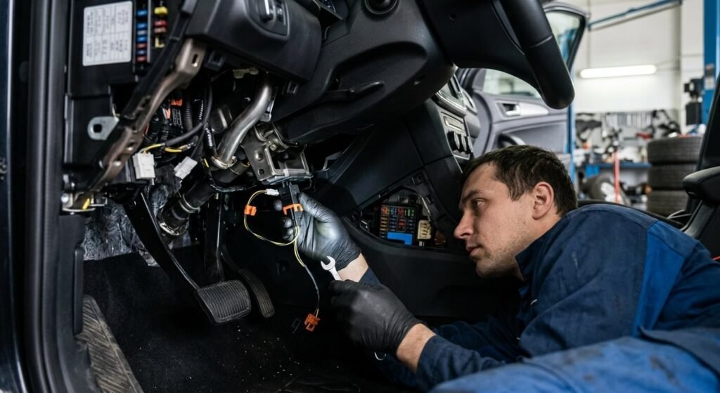 Démarrage en côte à contrôler sur Clio 4 : causes et réparations 4 Remplacement du contacteur de pédale de frein sous le tableau de bord d'une voiture.