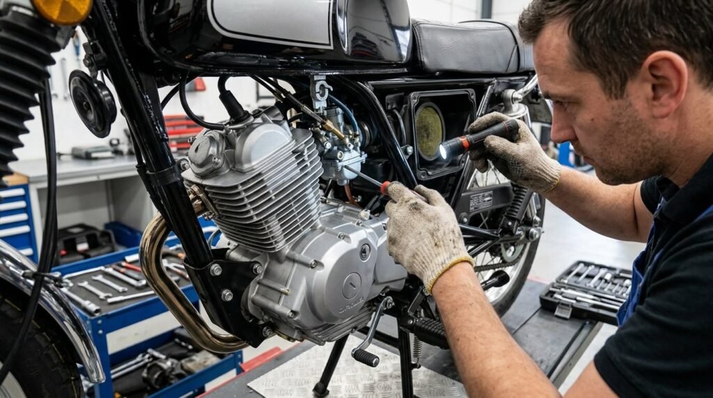 Inspection du moteur et du système d'alimentation d'une Orcal Astor 125.